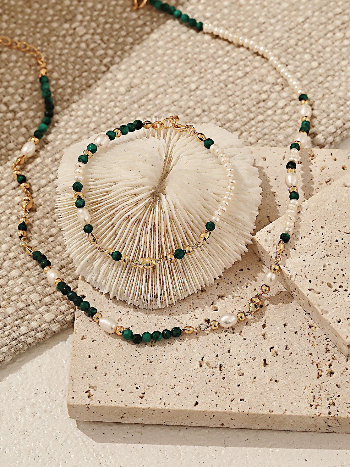 S925 Silver Vintage Natural Pearl Malachite Necklace