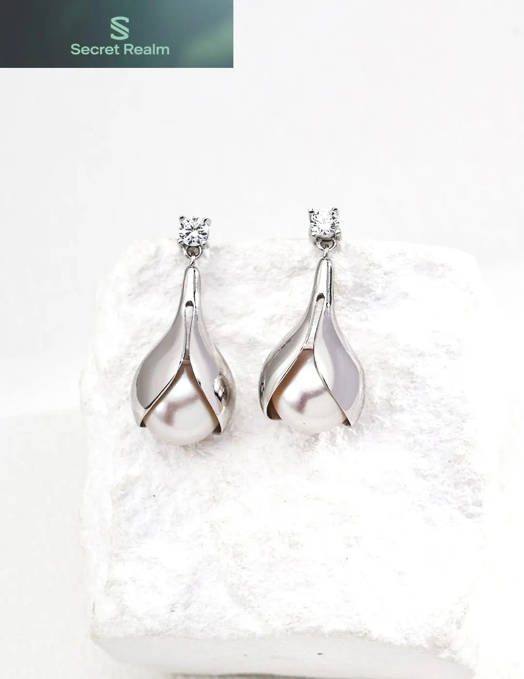 S925 silver vintage natural shiny pearl zircon earrings Secret Realm