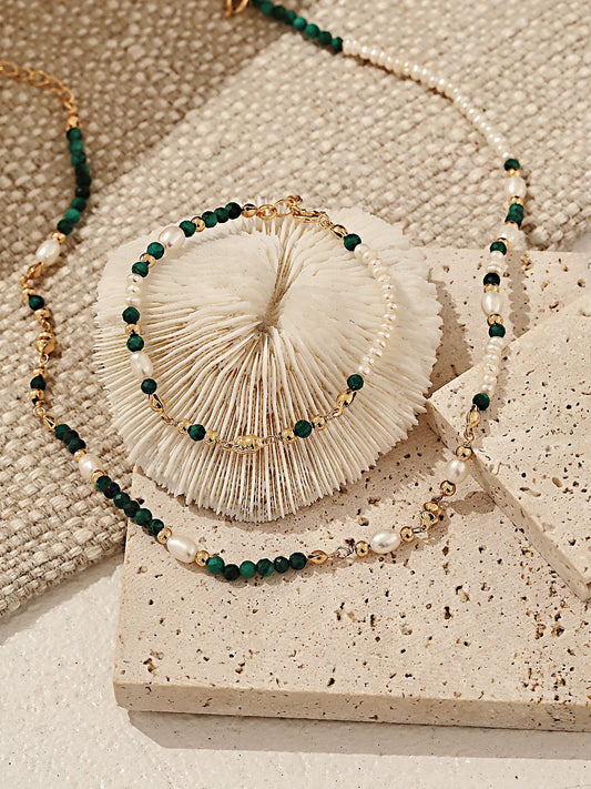 S925 Silver Vintage Natural Pearl Malachite Necklace