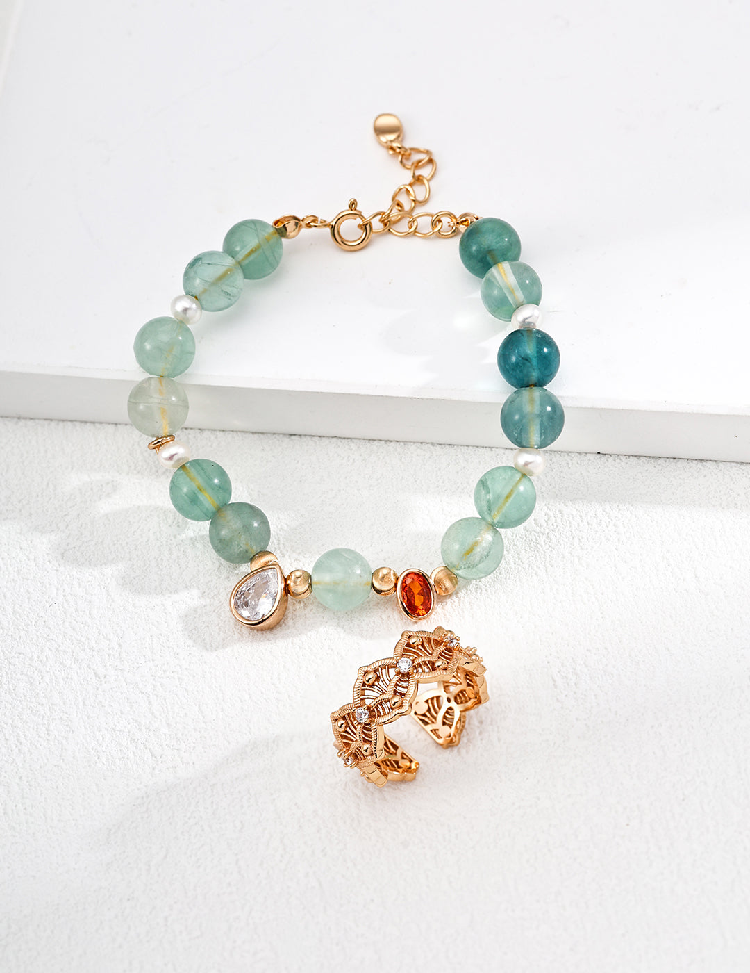 S925 Stylish Natural Pearl, Green Fluorite, and Zircon Bracelet