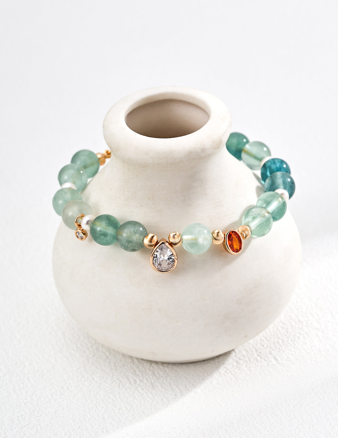 S925 Stylish Natural Pearl, Green Fluorite, and Zircon Bracelet